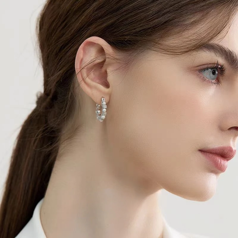 铜合金耳饰 925银针「素月衔珠」如月华静谧温润，素圈珠珠耳饰J-204