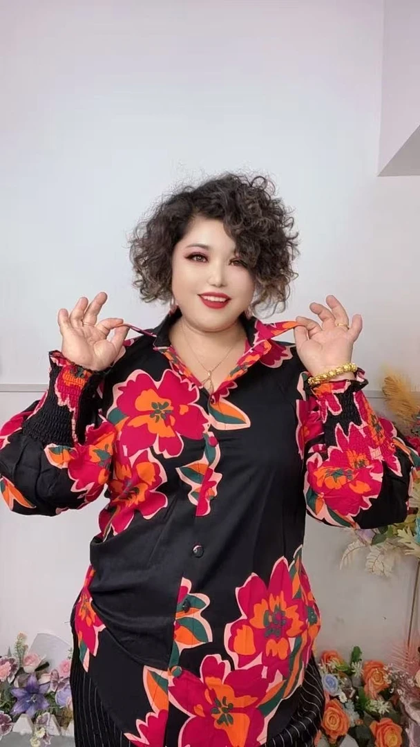 长袖花色印花衬衫外套百搭欧美风常规小衫衬衫领时尚
