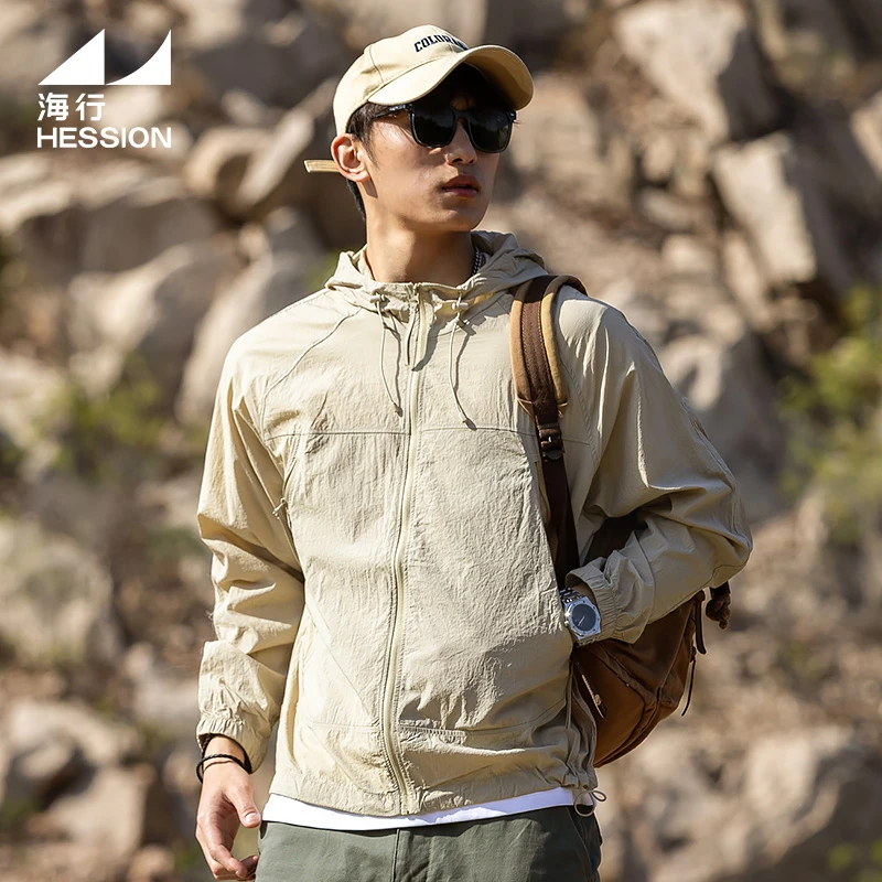 海行新款户外薄款冰丝连帽防晒衣男夏季港风复古速干透气钓鱼外套