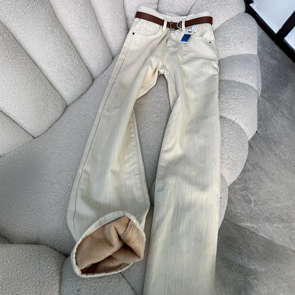 美式纹理设计感阔腿牛仔裤女2025春季新款米杏色宽松显瘦直筒长裤
