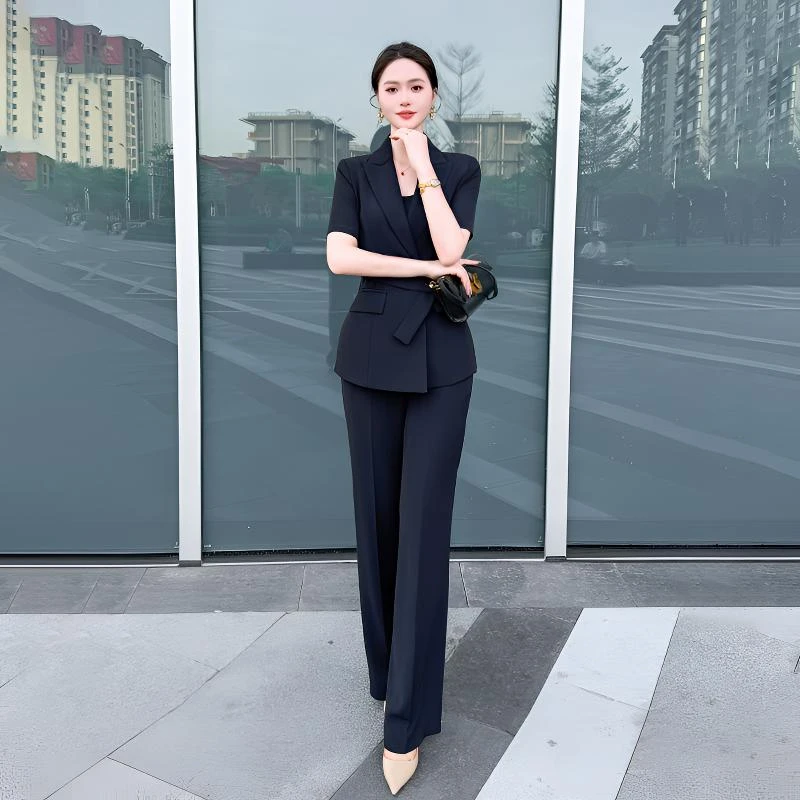 高级感欧若风纯色职业正装西装套装女夏季薄款腰带短袖气质西服