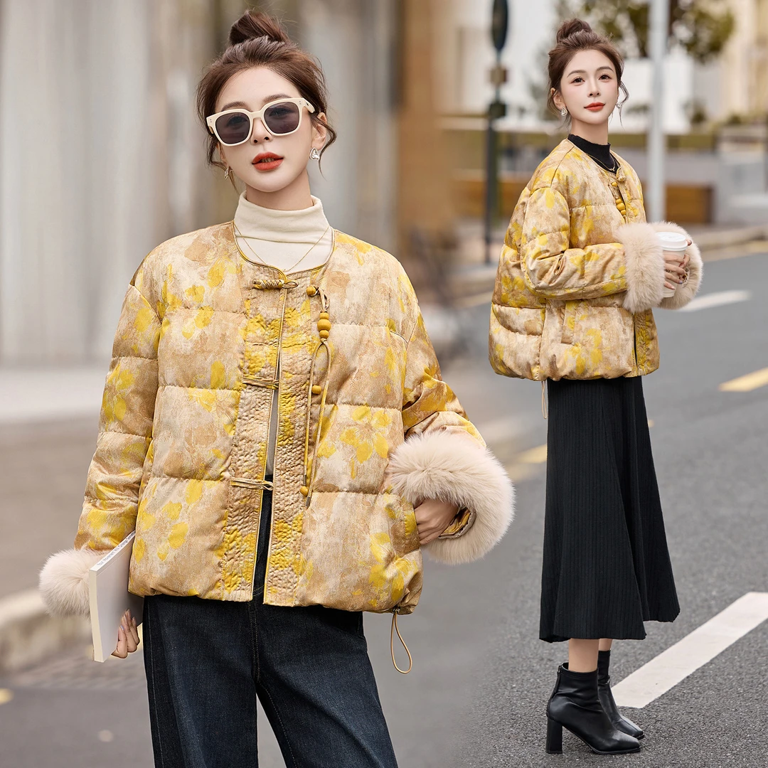 真狐狸毛新中式羽绒服女冬毛领盘扣设计复古温柔保暖减龄气质外套