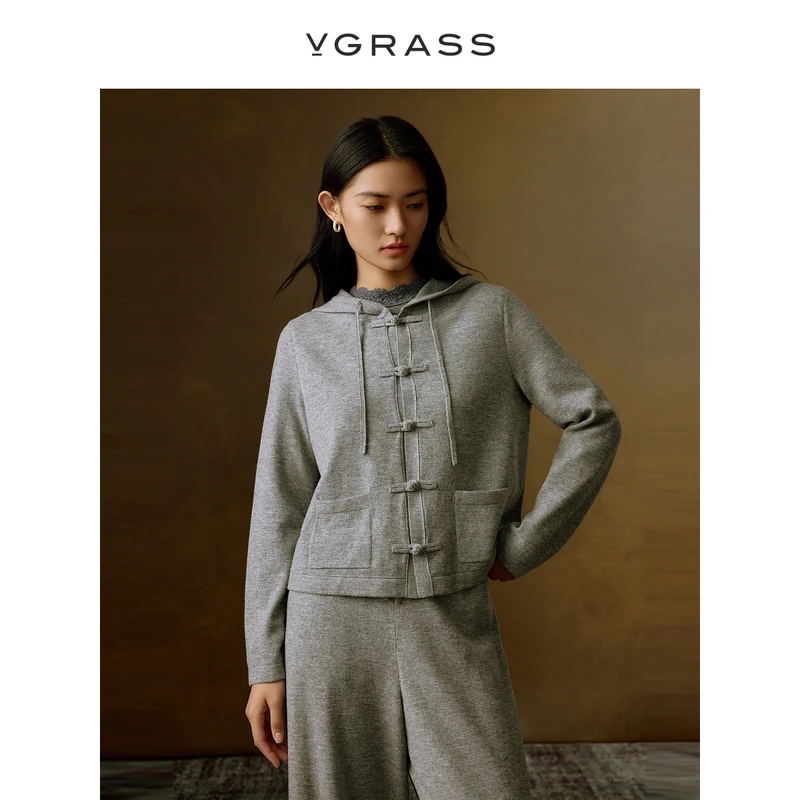 【羊羊专属】VGRASS中式盘扣针织开衫冬季新款经典小箱圆领连帽外套