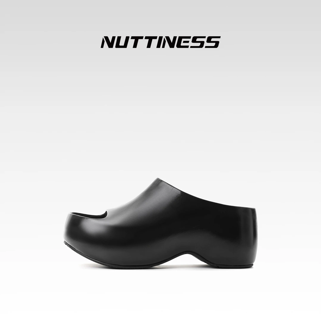 【NUTTNESS】春夏小众设计师款时尚圆头厚底增高欧版鱼嘴半拖鞋女黑