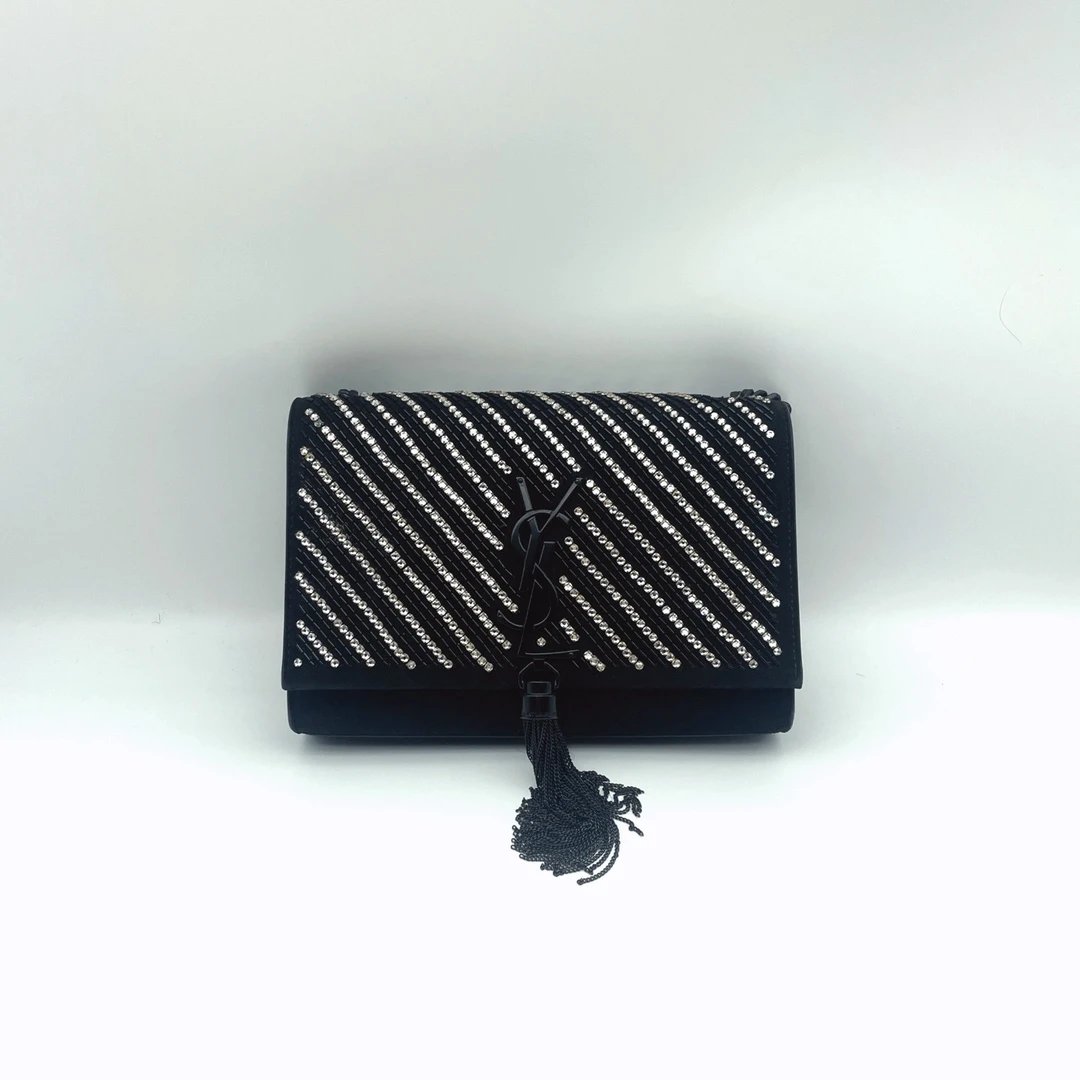 95新 YSL/圣罗兰 黑色满钻重工款kate流苏包小号链条包 20cm
