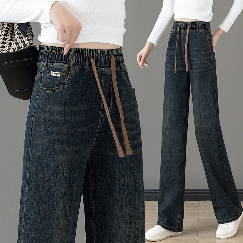 窄版直筒松紧腰牛仔裤女款爆款2025新款宽松高腰小个子弹力裤显瘦