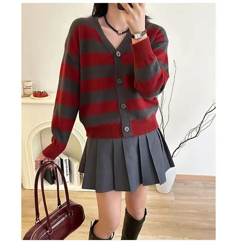 那简家【现货】冬款韩系百搭厚实条纹针织开衫