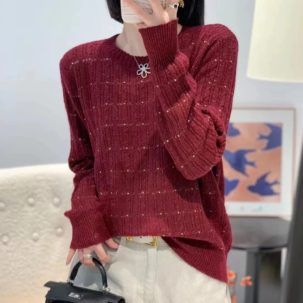轻松闪耀 早秋慵懒时尚百搭显瘦圆领绵羊毛长袖针织衫YL-6200426