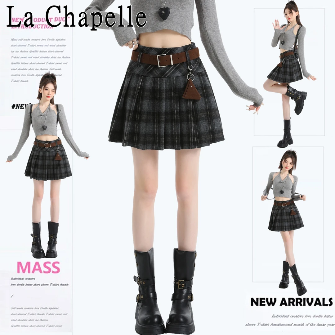 拉夏贝尔复古毛呢格子百褶裙女秋冬季新款高腰防走光a字半身短裙