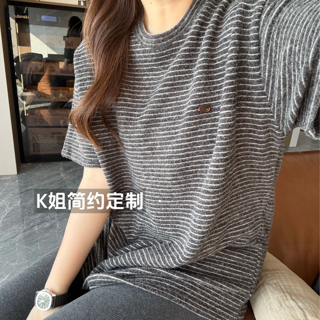 GTNER“KK定制”女款新款简约休闲百搭宽松条纹加绒短袖T恤D1692