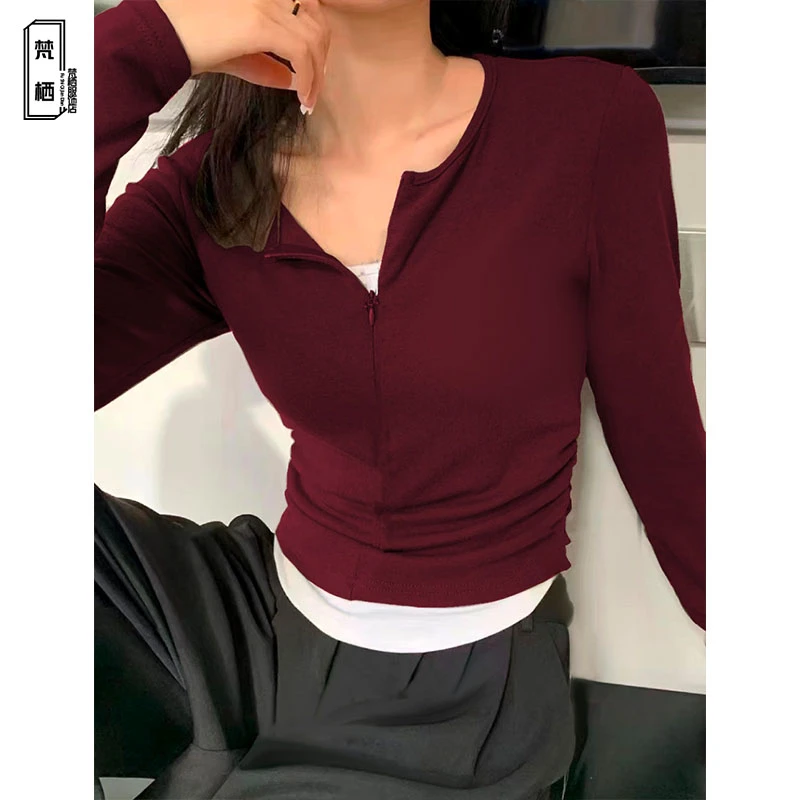休闲假两件套头上衣女2025早秋新款叠穿百搭显瘦收腰打底衫