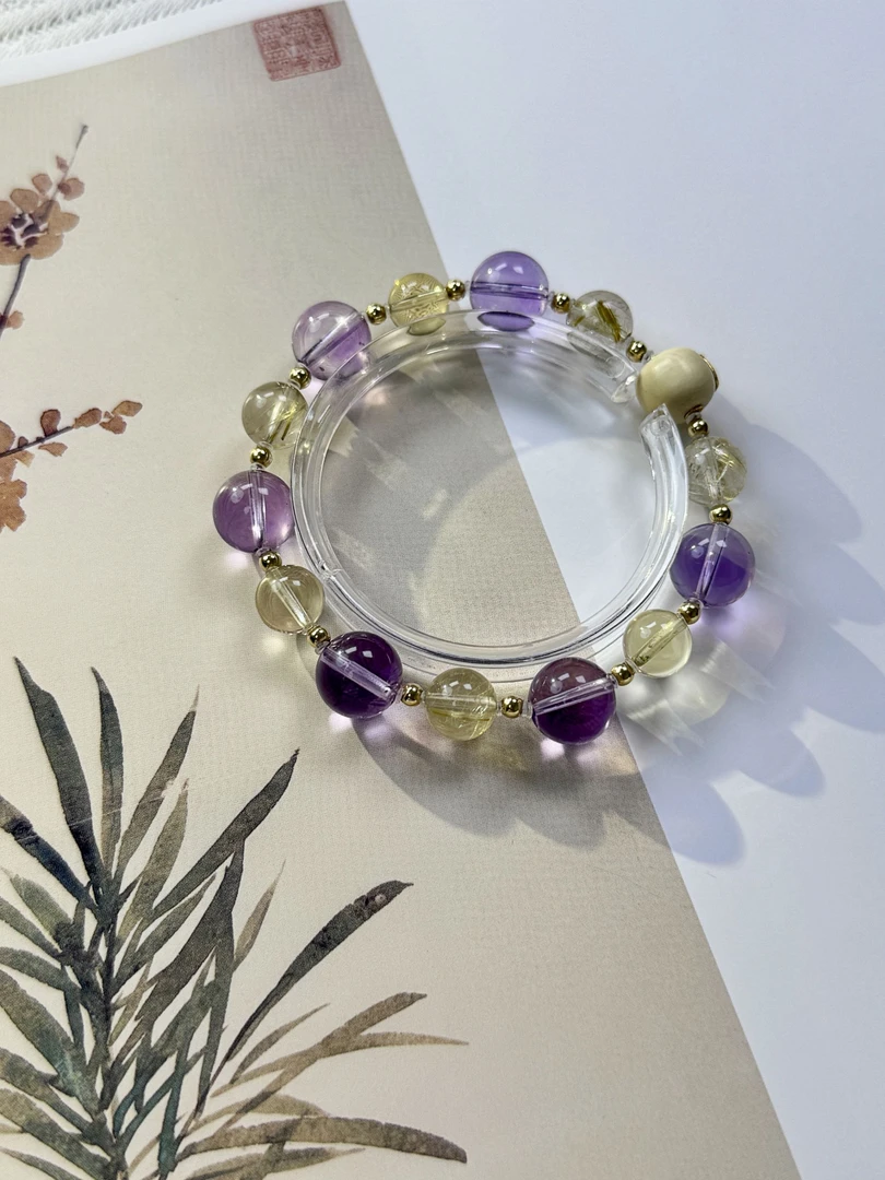 【芳华】天然水晶巴西紫水晶黄水晶板钛晶设计师款水晶手串