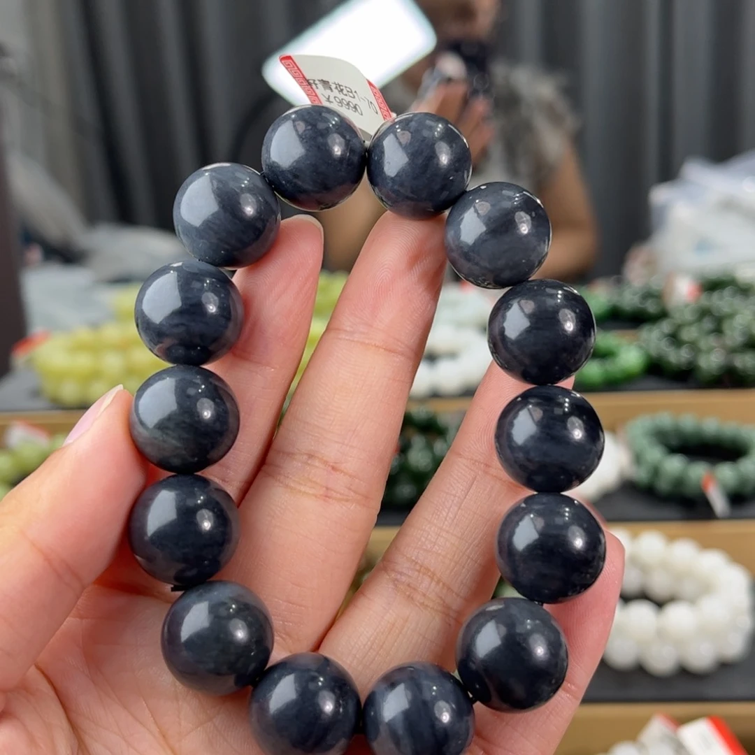 手串未镶嵌和田玉新疆和田玉聚墨青花卡16圆珠