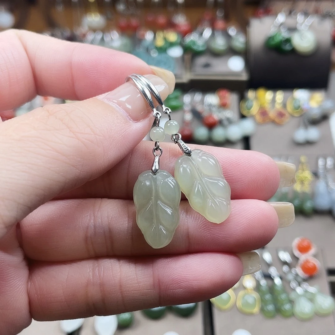 和田玉银S925镶嵌耳饰