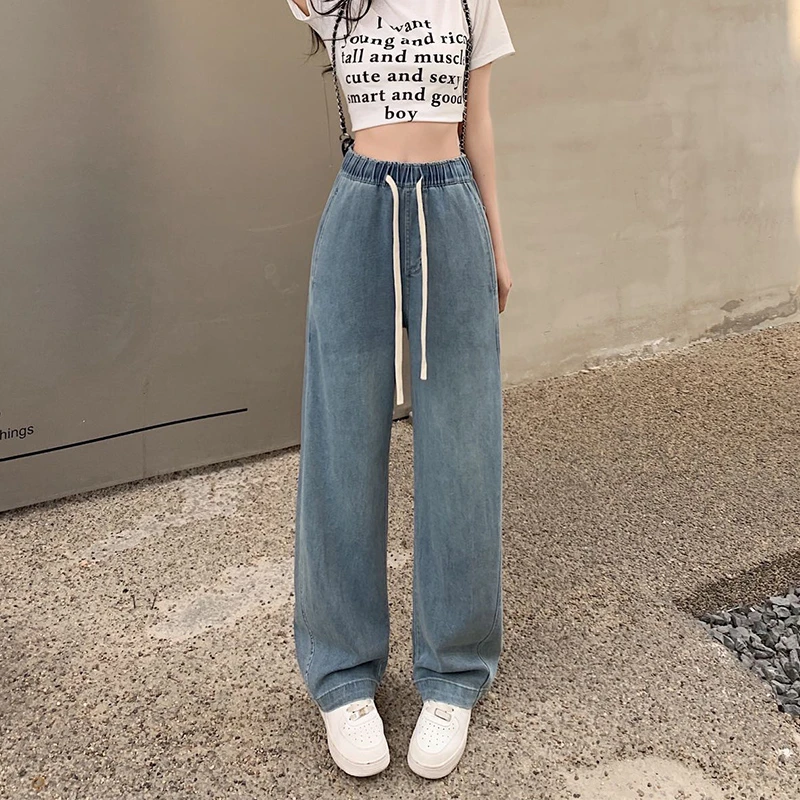 春季新款女士直筒显高显瘦牛仔裤女款松紧腰百搭长裤Z1195-2408