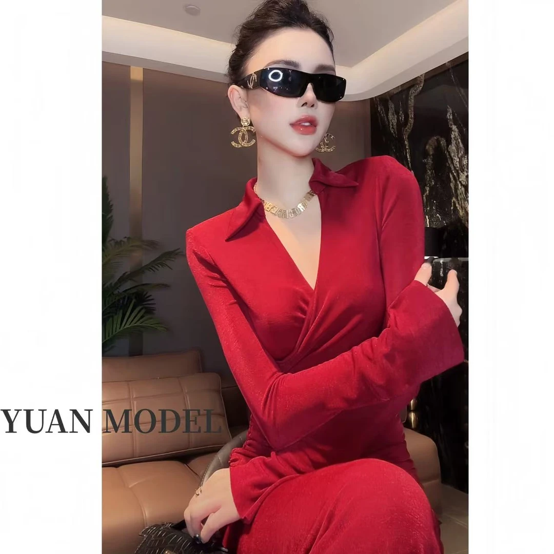 YUAN MODEL/媛老板-优雅气质褶皱显瘦长款连衣裙晚宴礼服裙090417