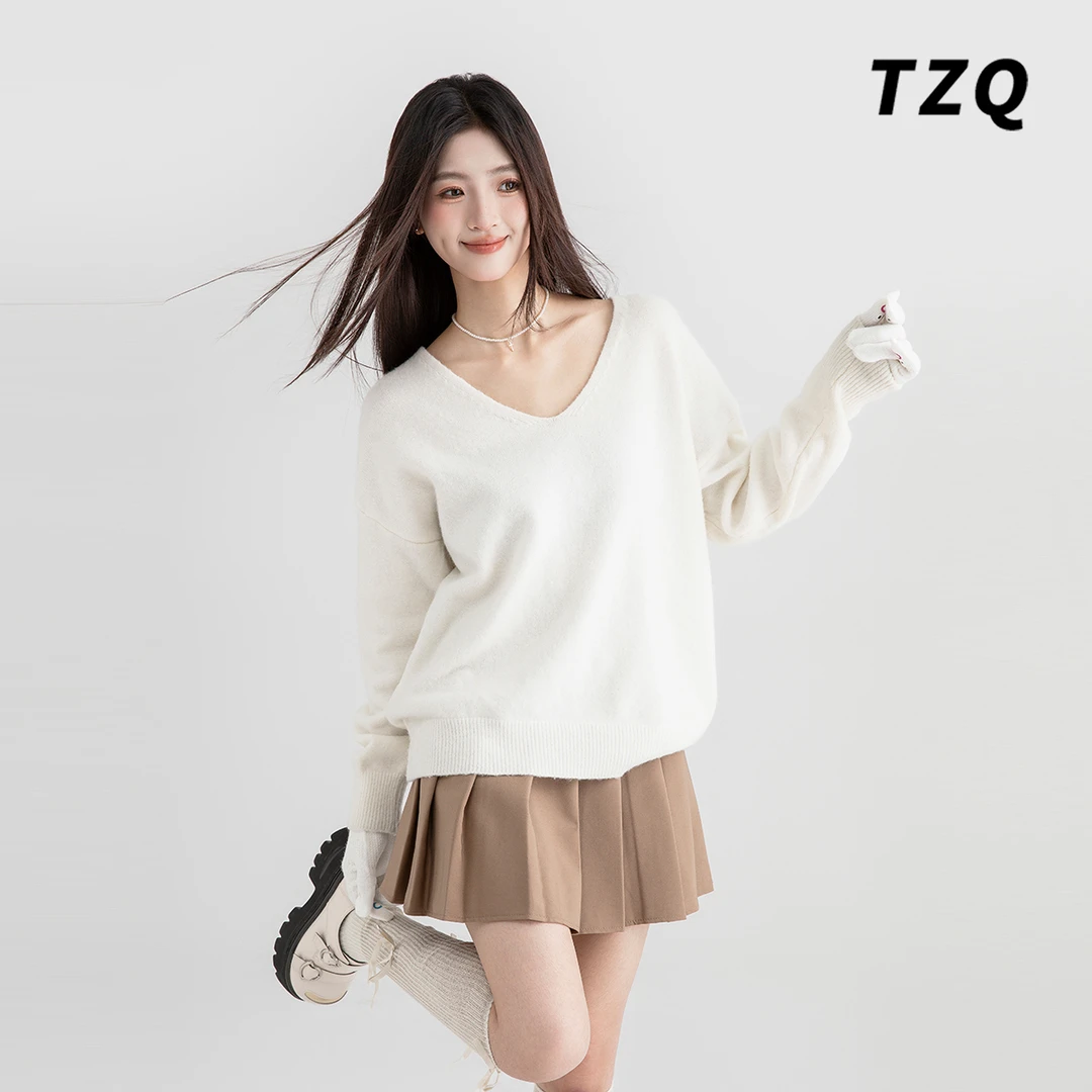 慵懒风蓝色V领毛衣女韩版上衣软糯内搭配外套针织打底衫TZQ102345