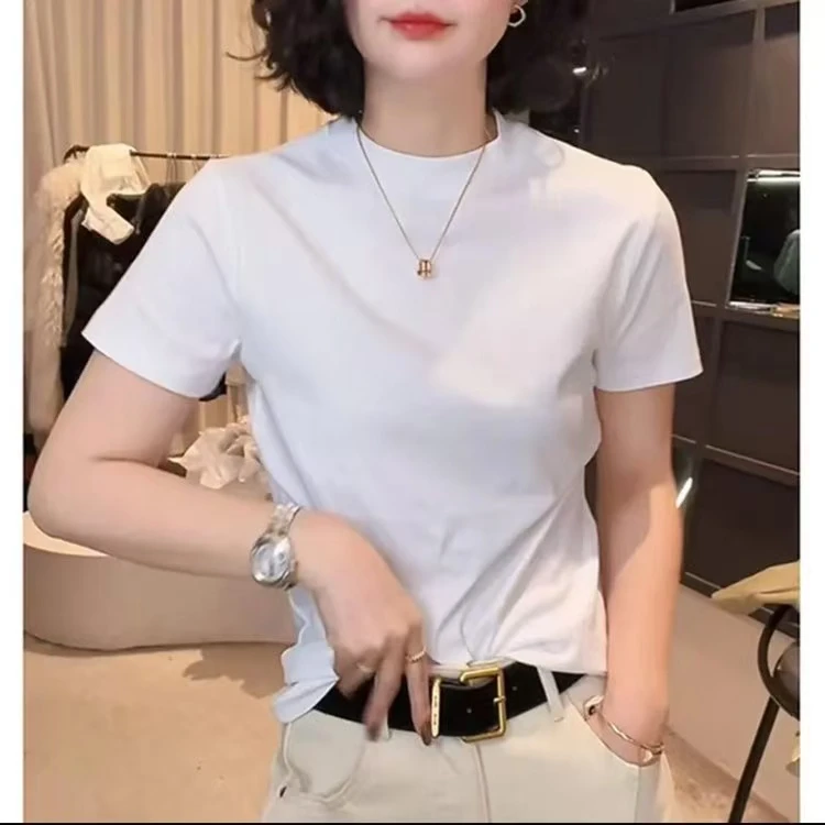 2025夏季新款简约气质百搭短袖纯色女士体恤修身显瘦时尚打底衫