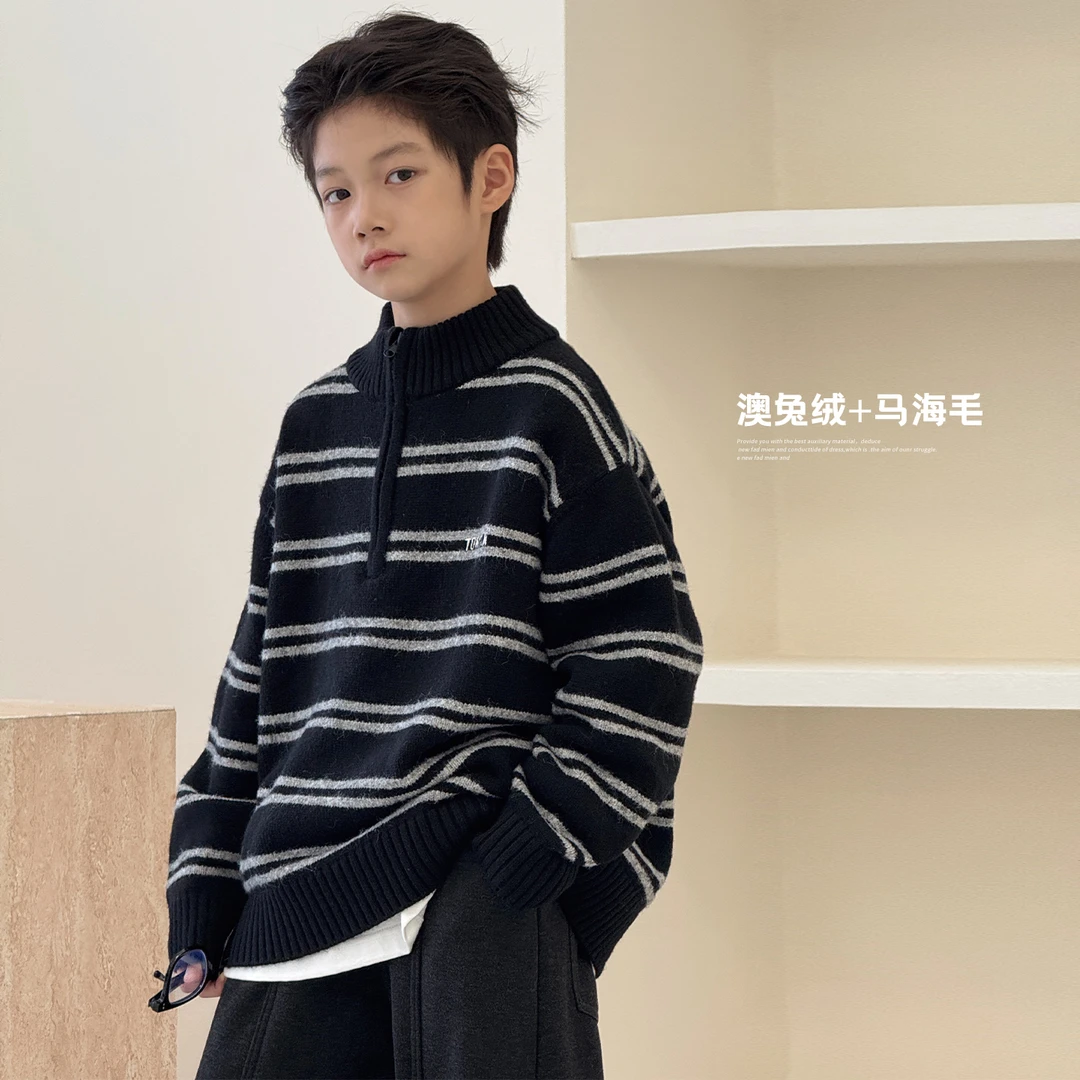 爆款男童毛衣冬装新款中大童洋气条纹针织衫儿童保暖毛线衣G1010