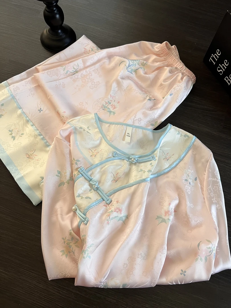 新中式国风复古温婉粉花卉睡衣女夏季古风长袖长裤套装大码家居服