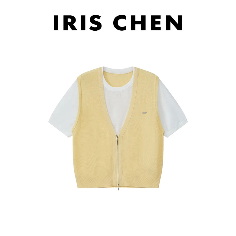 现货IRIS CHEN 闲趣 2025春夏山羊绒绵羊毛减龄假两件短袖25SY089
