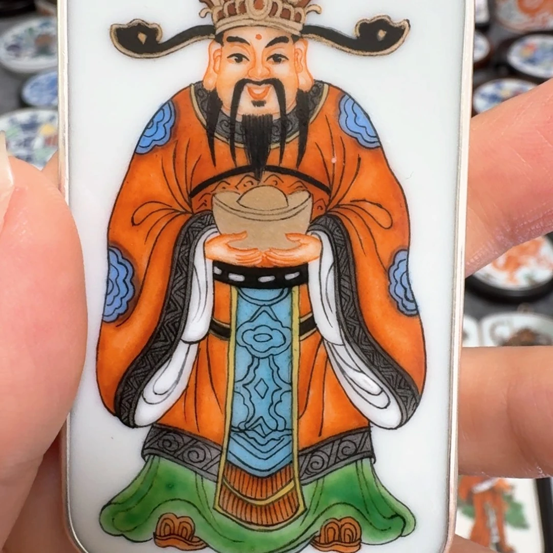 小***马瓷片粉彩纯银财神挂件