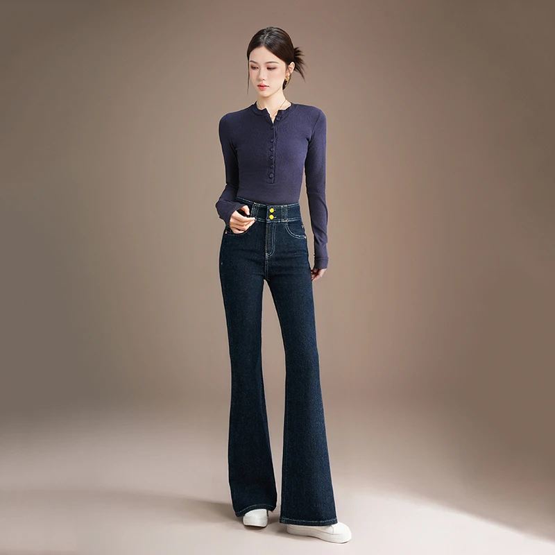 悉妍原创秋冬新款显瘦喇叭牛仔2扣时尚四面弹高级藏蓝色加绒9986