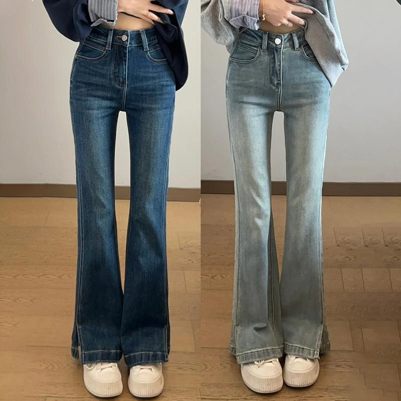 微喇牛仔裤女款秋冬新款加绒裤子大码胖mm高腰弹力显瘦开叉喇叭裤