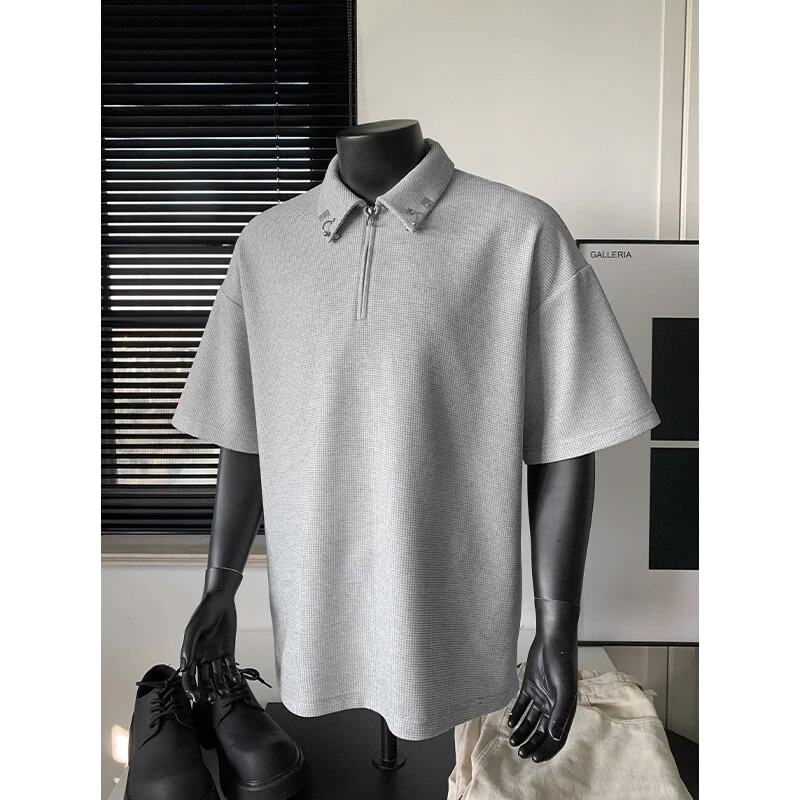 2025夏季新款复古华夫格半拉链polo衫男翻领短袖宽松简约潮流T恤