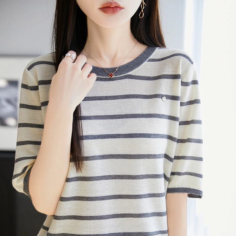 夏季新款100%莱赛尔纤维圆领天丝短袖T恤女显瘦女款凉感舒适 0661