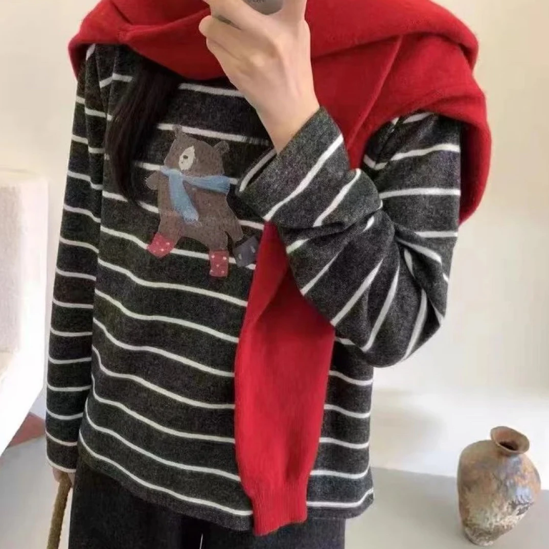 宽松型【福利送不停】针织长袖T恤韩系休闲风设计感上衣