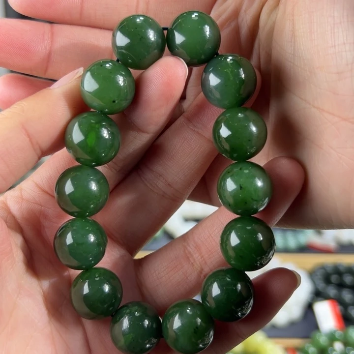 和田玉手串未镶嵌俄罗斯菠菜绿卡15➕圆珠