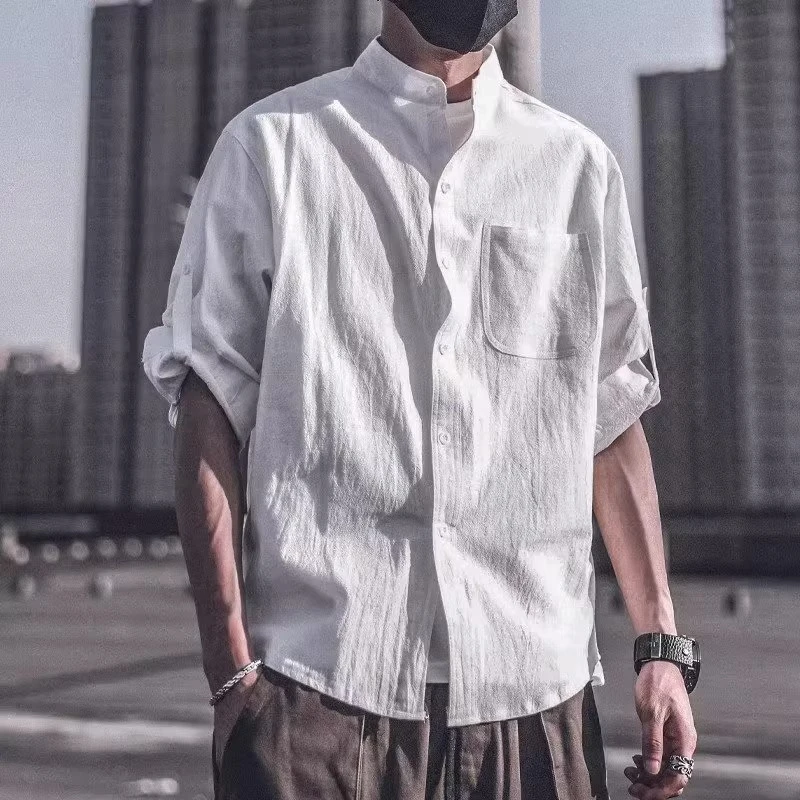 七分亚麻短袖衬衫男长袖2021夏季t恤休闲寸衣宽松大码立领男装潮
