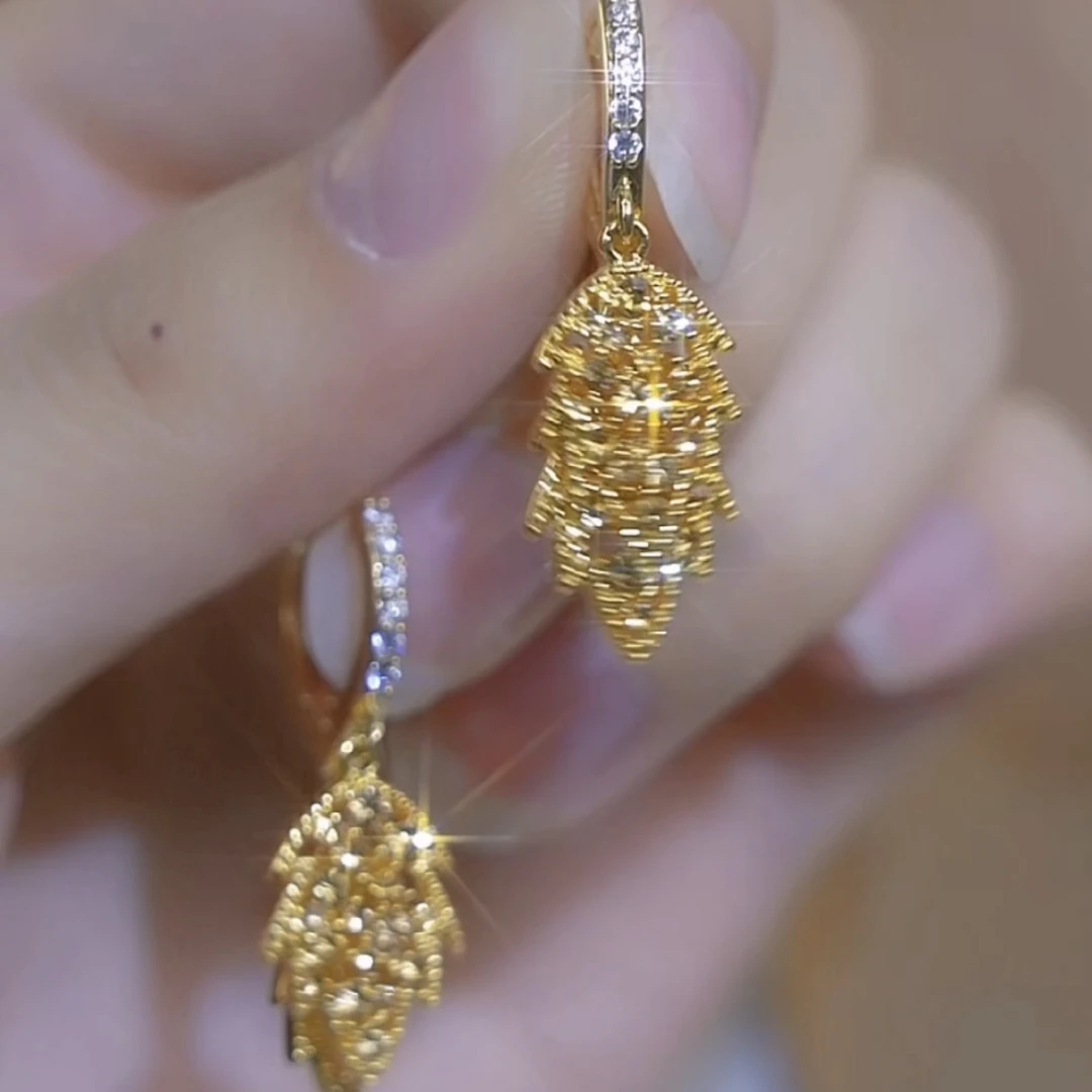 铜合金合成锆石耳饰 【金枝玉叶】气质咖色叶子耳扣流苏耳饰耳环