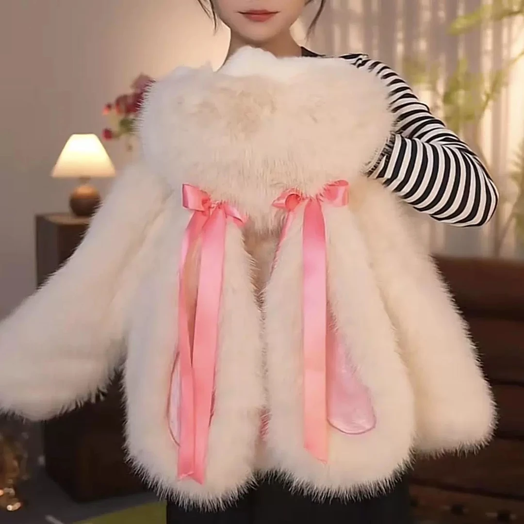 女童加厚皮草外套2025新款儿童秋冬兔耳朵宝宝加绒毛毛衣冬装棉服
