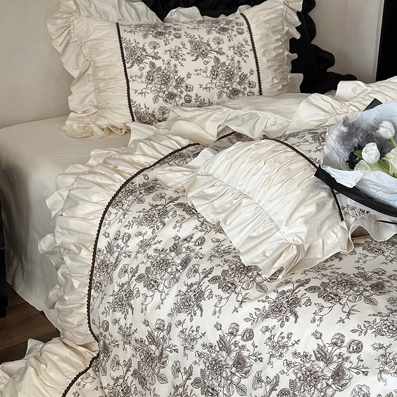 法式复古高级全棉四件套公主风纯棉褶皱荷叶花边被套床单少女床品