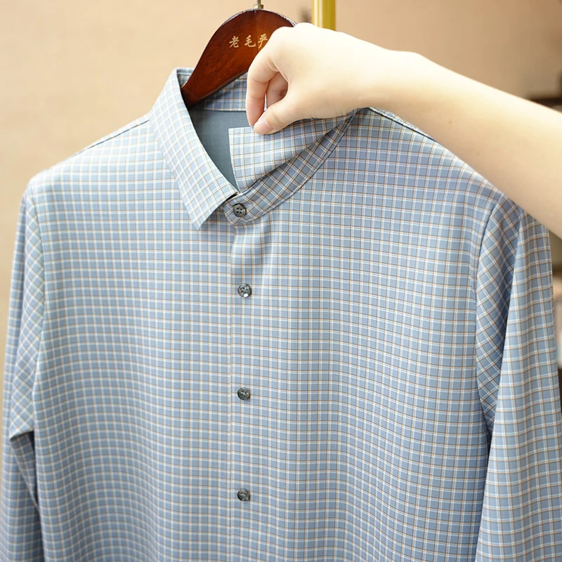 秋季新品商务格子长袖衬衣秋季男装男士小格纹衬衫免烫抗皱简约风