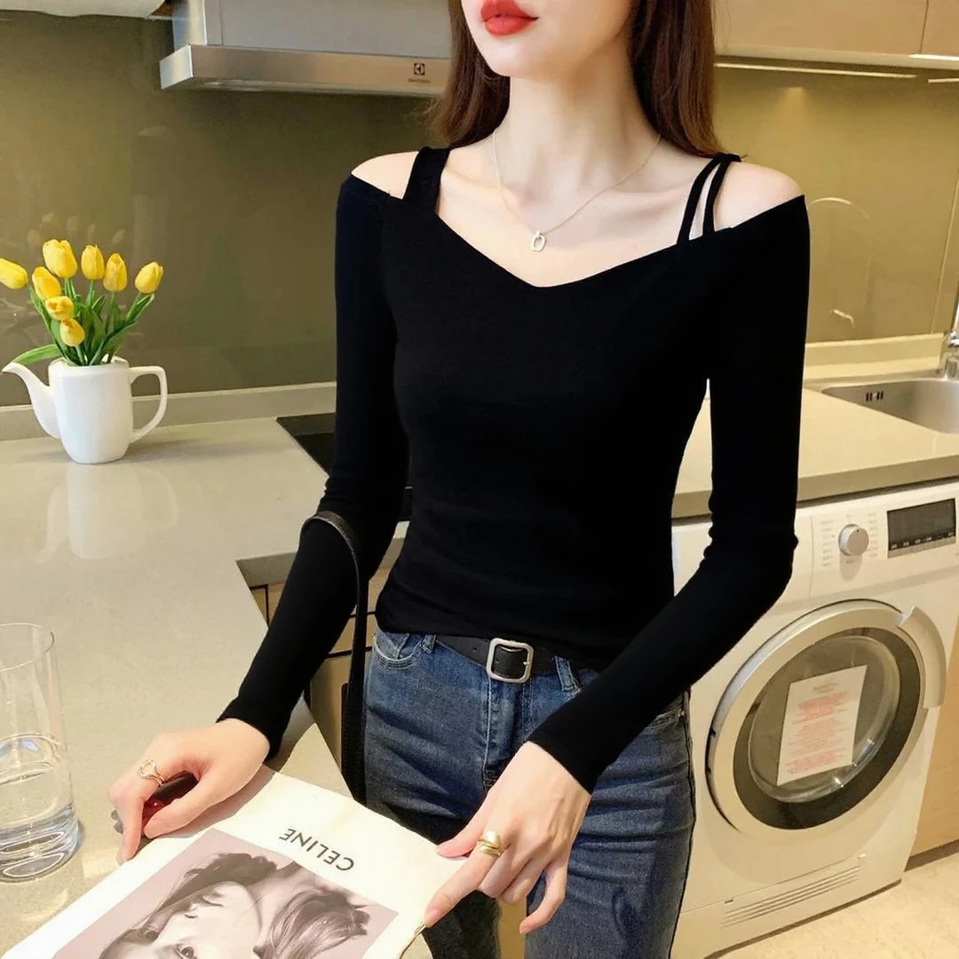 黑色一字领露肩长袖t恤女款爆款2025新款时尚百搭打底衫性感上衣
