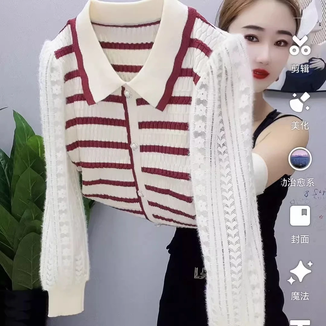 时尚条纹娃娃领打底衫女2025春秋新款宽松显瘦百搭减龄长袖上衣潮