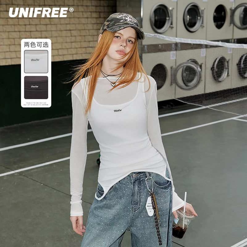 unifree【25年春】韩版新款简约长袖T恤女百搭内搭叠穿两件套上衣