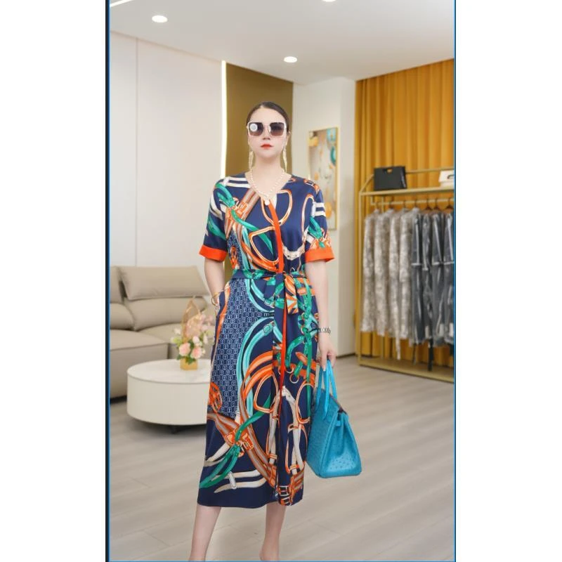 【宸慕服饰】印花夏季V领中长款桑蚕丝连衣裙25646