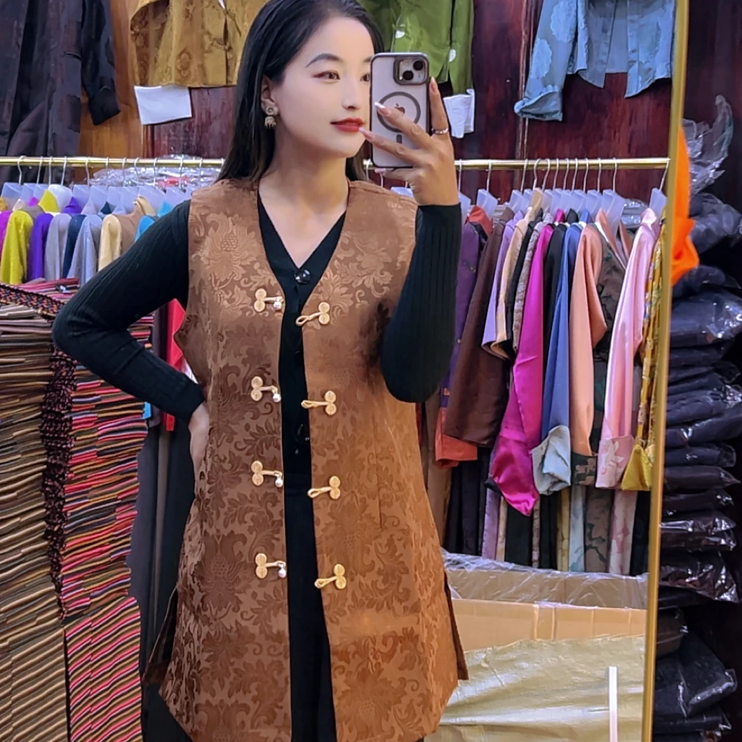 长款圆领染色中国风时尚马夹中长款女士唐装女秋冬