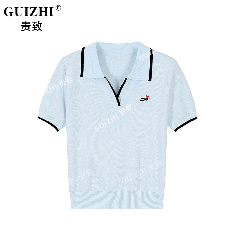 韩系气质小翻V领短袖针织衫女装2025新款休闲洋气冰丝T恤初夏穿搭