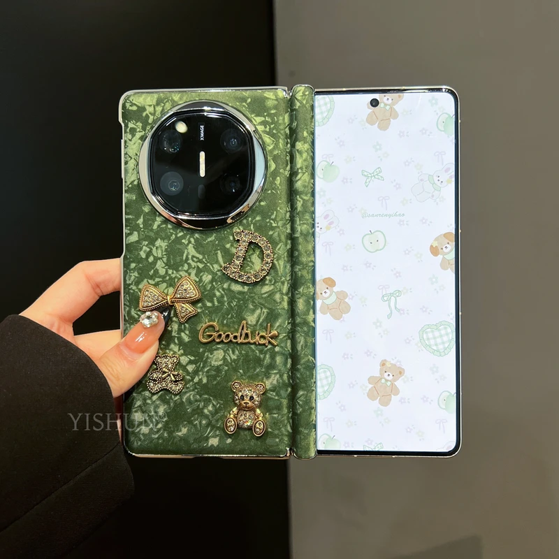 适用华为X6折叠屏手机壳新款高档祖母绿贝壳纹MateX5立体蝴蝶小熊