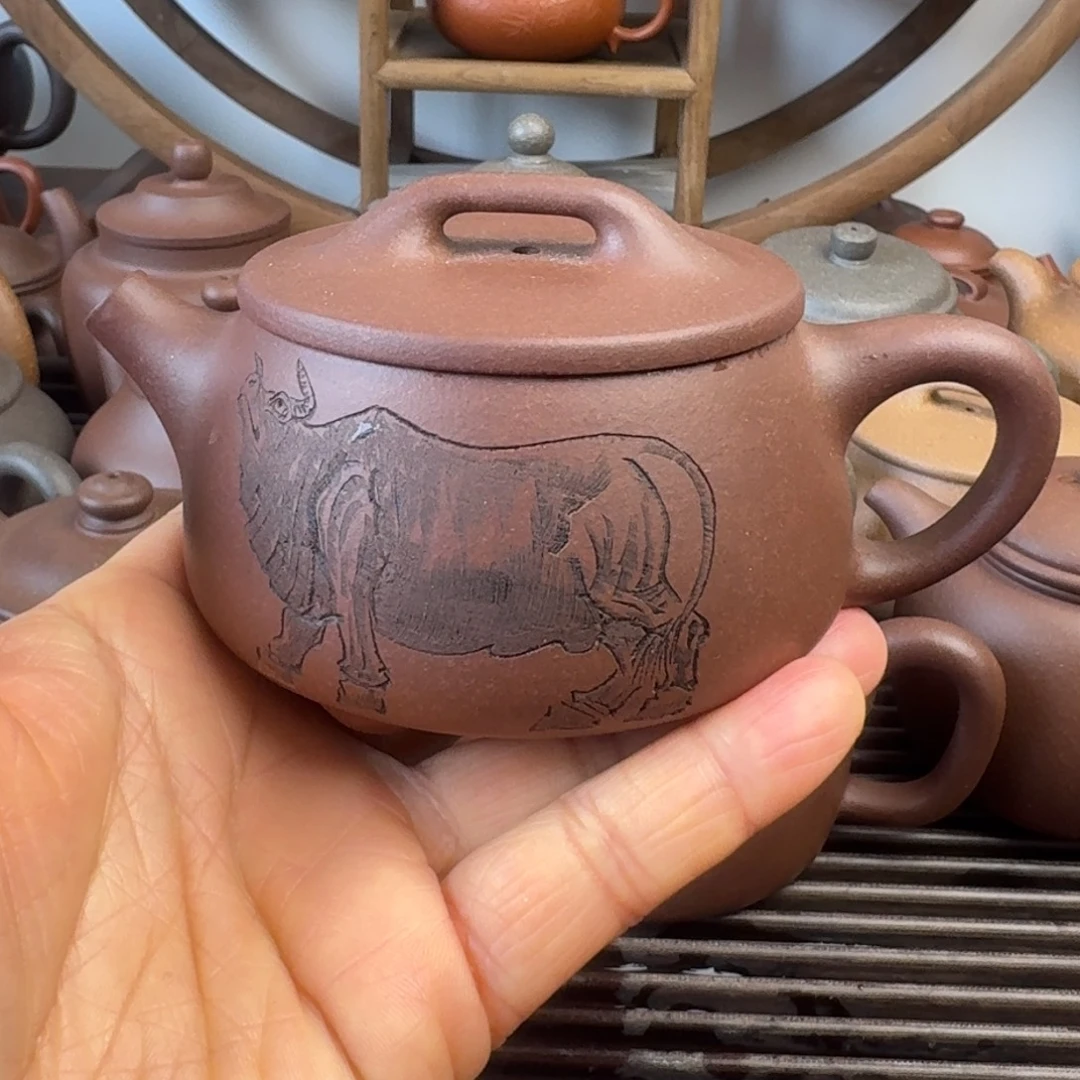 紫砂茶壶190cc宽口石瓢刻绘微瑕特价处理