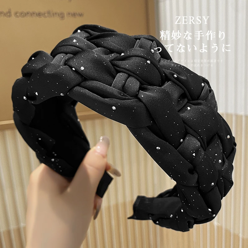 新款烫钻发箍高颅顶宽边发卡时尚气质编织发捆显脸小压发头箍发饰