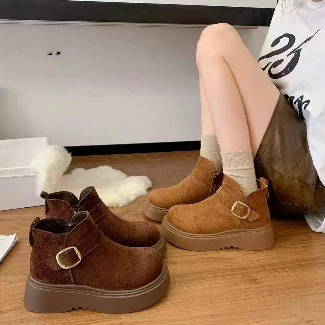 复古绒面高级感短靴2025新款圆头博肯靴