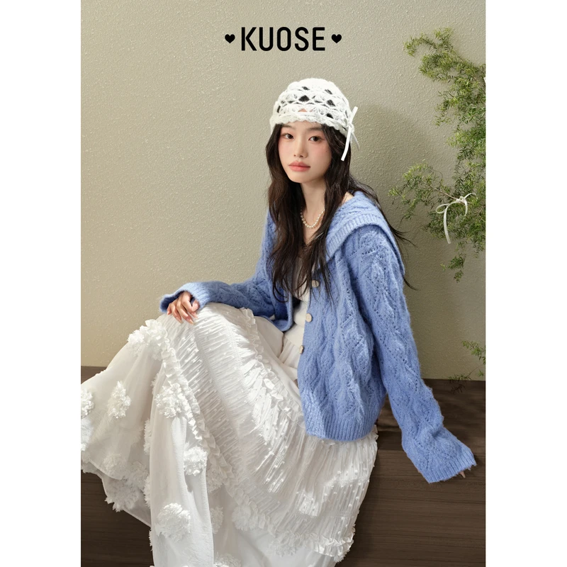 阔色慵懒风海军翻领针织衫开衫外套2025秋季新款女毛衣KSH2501006