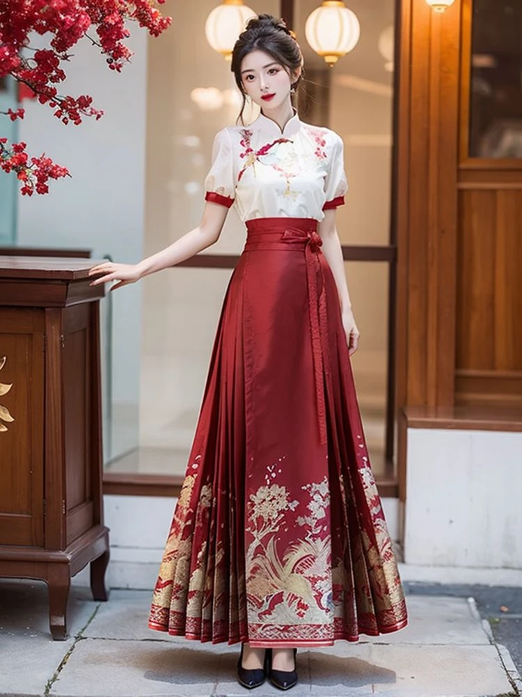绣花上衣马面裙套装女2025夏季新款国风中式复古短袖衬衣两件套潮