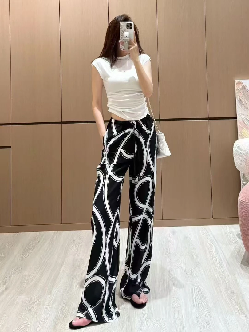 高品几何印花垂感直筒春夏宽松夏季休闲裤显瘦老钱风松弛感女装